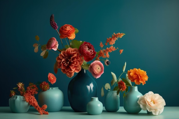 Table centerpiece with an arrangement of colorful flowers in vases Generative AI