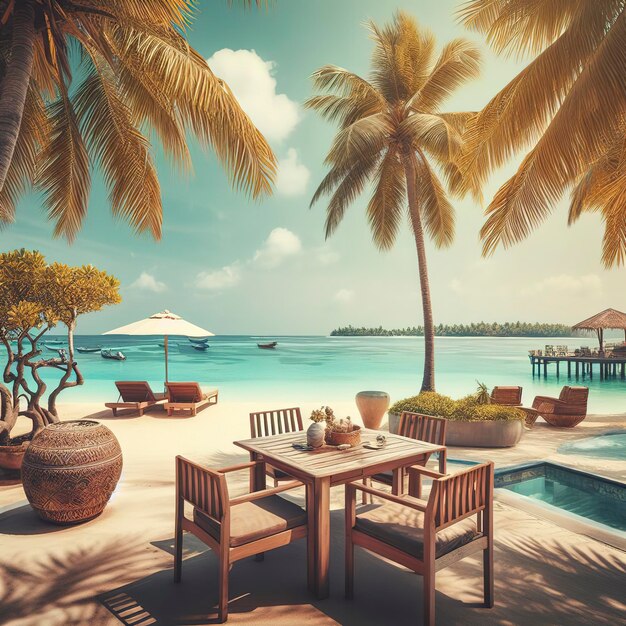 Стол и стул на фоне тропического летнего пляжа