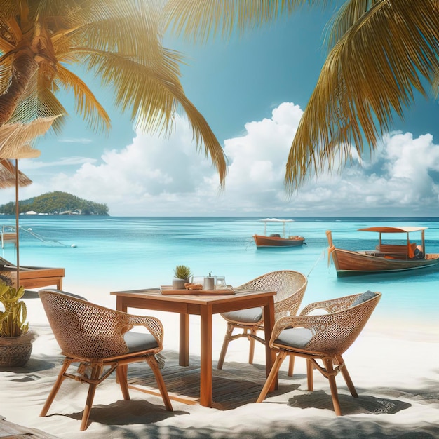 열대 여름 해변 배경 에 있는 테이블 과 의자
