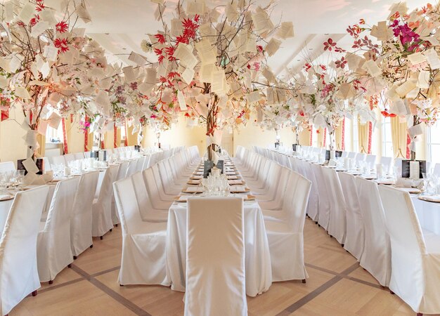 Table and chairs against white wall