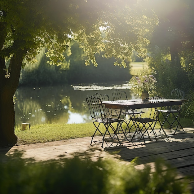 湖と木々の景色を望むポーチにテーブルと椅子が置かれています。