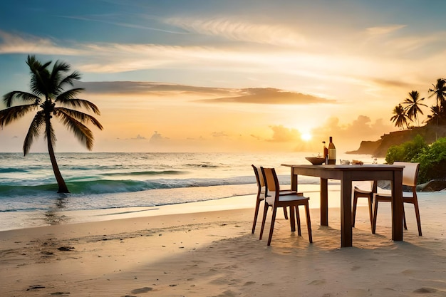 A table and chairs on a beach with a palm tree in the background