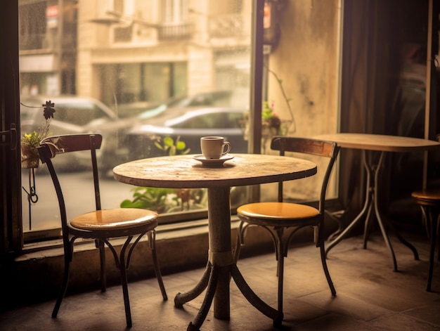 A table and chairs in a cafe with a cup of coffee.