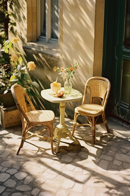 A table and chairs in front of a building with a green door.