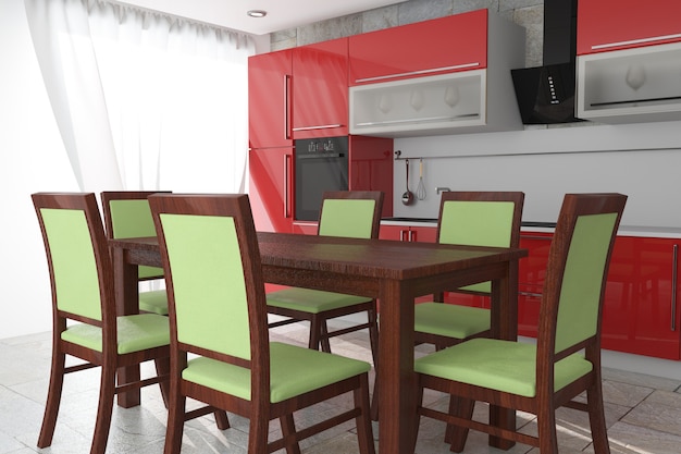 Table and Chairs in Front Of Modern Red Kitchen Furniture with Kitchenware Interior extreme closeup. 3d Rendering