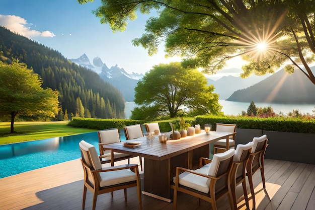 A table and chairs in front of a mountain