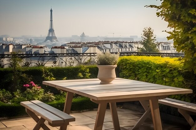 Foto un tavolo e sedie in giardino con la torre eiffel sullo sfondo