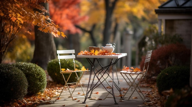 A table and chairs in a garden with fall leaves on the ground