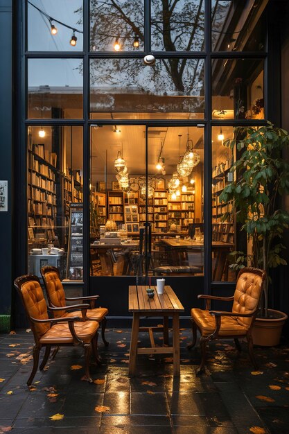 A table and chairs outside of a book store