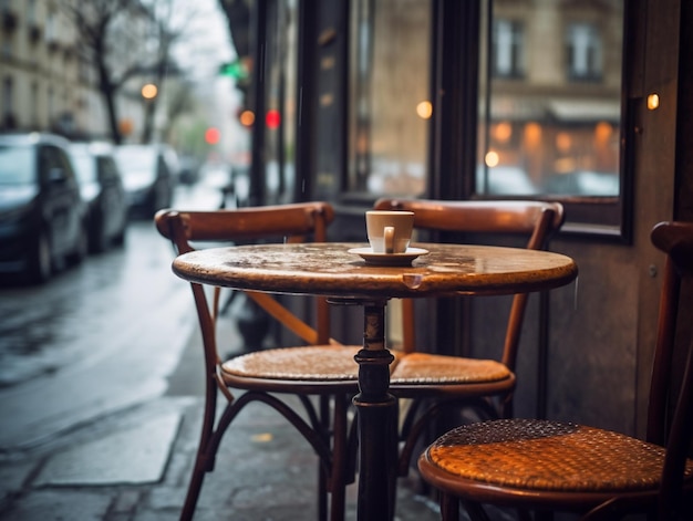 A table and chairs outside a cafe with a cup of coffee on the table.