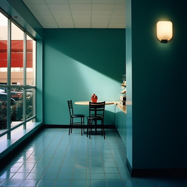 Photo a table and chairs in a room with a lamp on it