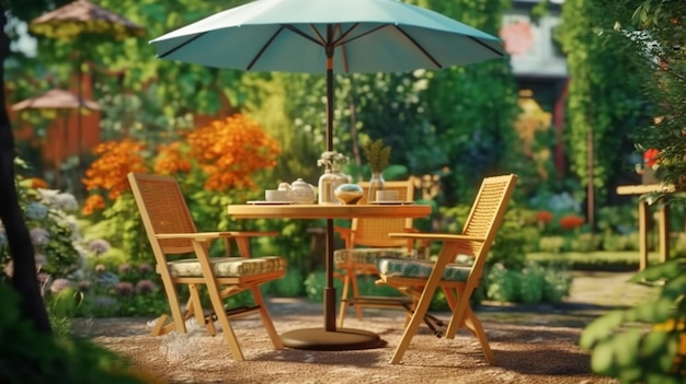 Photo table chairs and umbrella outdoors in gardengenerative ai