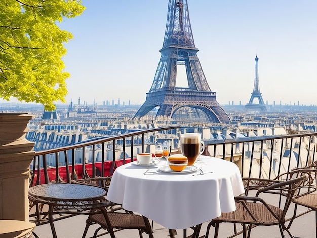 table and chairs with coffee in paris eiffel tower view Generative Ai