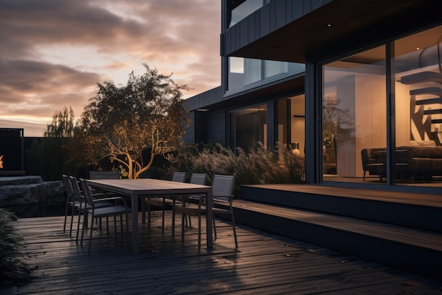 Table and chairs on wooden deck