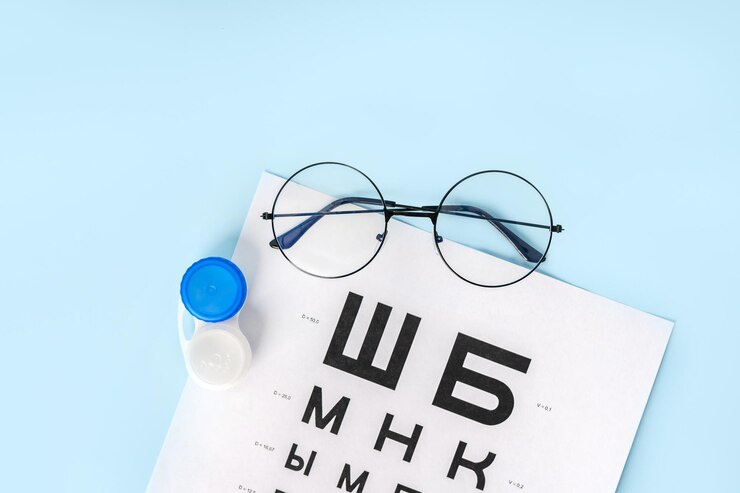 Photo 俄羅斯眼鏡和鏡頭的視力檢查表 - 眼科診所的概念