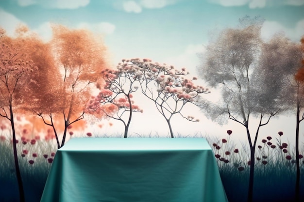 Table cloth background with flowers and trees