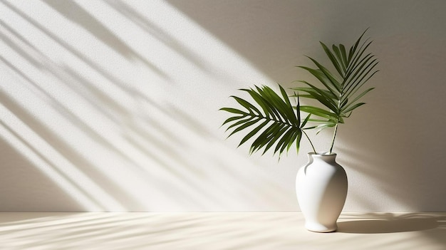 Table counter green tree in white ceramic vase on beige table Generative AI