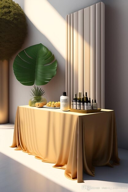 Table counter with beige tablecloth drape in sunlight tropical leaf shadow on blank white wall in b