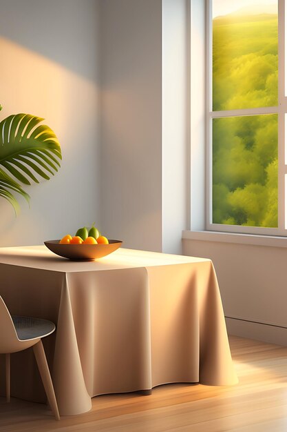 뒷면의 빈 벽에 햇빛 열대 잎 그림자에 베이지색 리넨 식탁보가 있는 테이블 조리대
