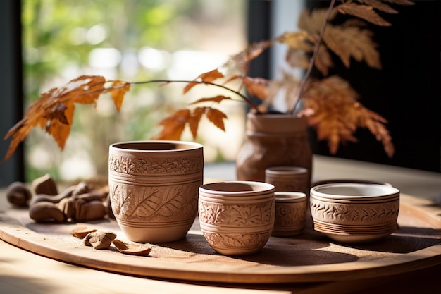 Table and Cups with Cinnamon Sassafras and Leaves