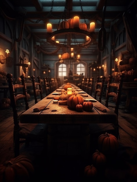 호박이 있는 어두운 방의 테이블.