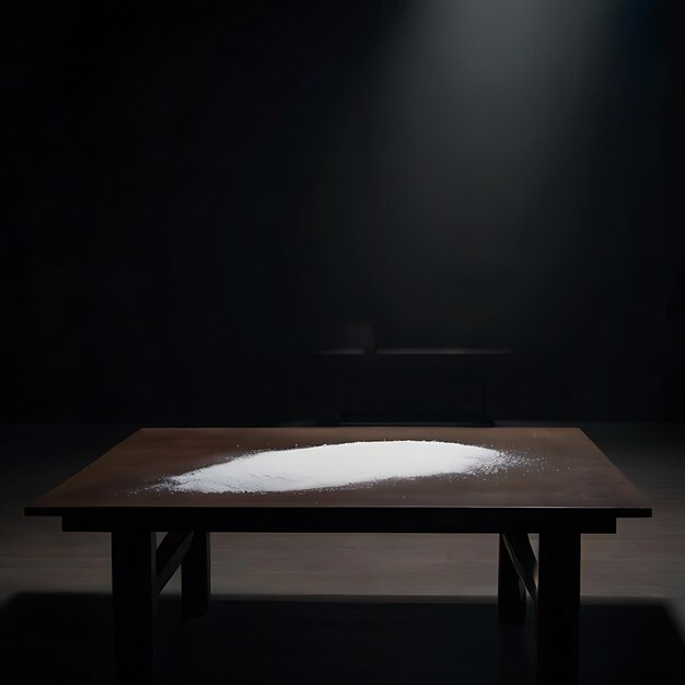 a table in a dark room with white powder with dim lighting gnearated by AI