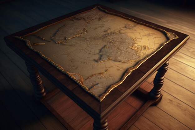 A table in the dark with the map of the world on it