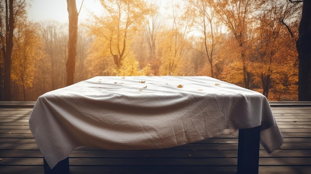 Photo a table on a deck with a blanket on it and a forest in the background