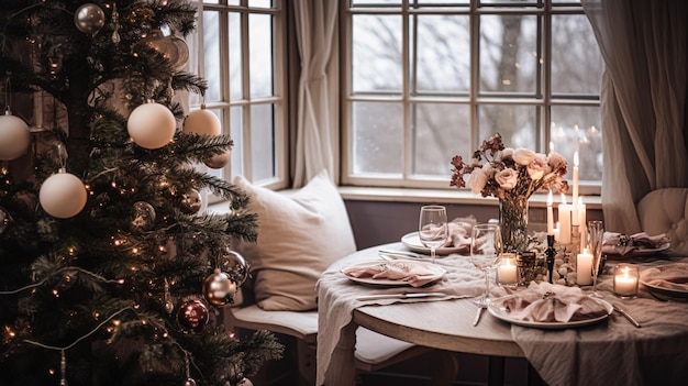 Foto decorazione del tavolo per la cena di famiglia festiva a casa tavolo di vacanza paesaggio e tavola formale per la celebrazione del matrimonio stile inglese country e domestico