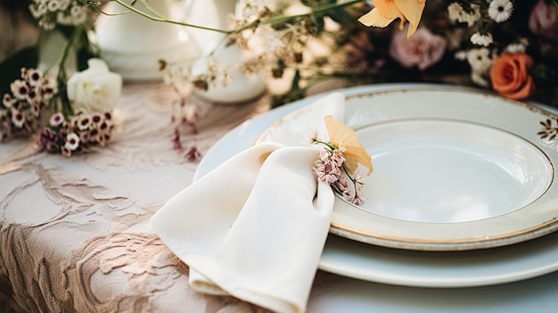 テーブル装飾休日のテーブルスケープと田園地帯の庭のディナー テーブルの設定結婚式家族のお祝いのための正式なイベントの装飾英国のカントリーとホーム スタイルのインスピレーション
