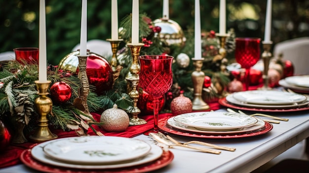 テーブル装飾の休日のテーブルスケープとクリスマス休暇やイベントのお祝いのためのフォーマルなディナー テーブルの設定英国の田舎の装飾とホーム スタイリングのインスピレーション