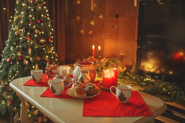 Table decorated in christmas decor for a gala dinner