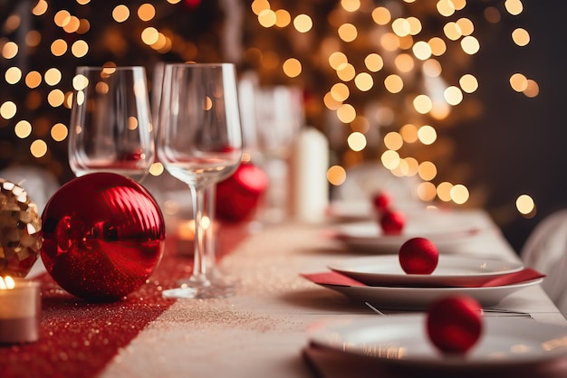 クリスマスイブのディナーのために赤い飾りで飾られたテーブル