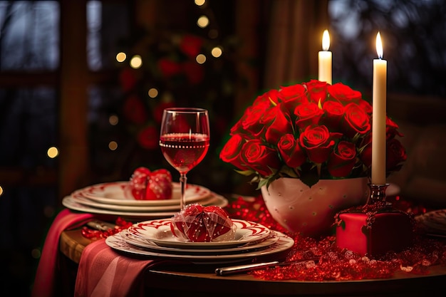 A table decorated for christmas with a candle in the middle.