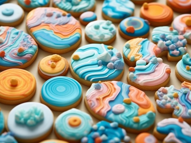 A table of decorated cookies with different colors and shapes.