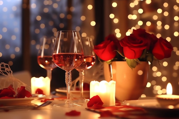 写真 2つのシャンパングラス ⁇ 赤いバラの花束またはろうそくでロマンチックな夕食を飾ったテーブル