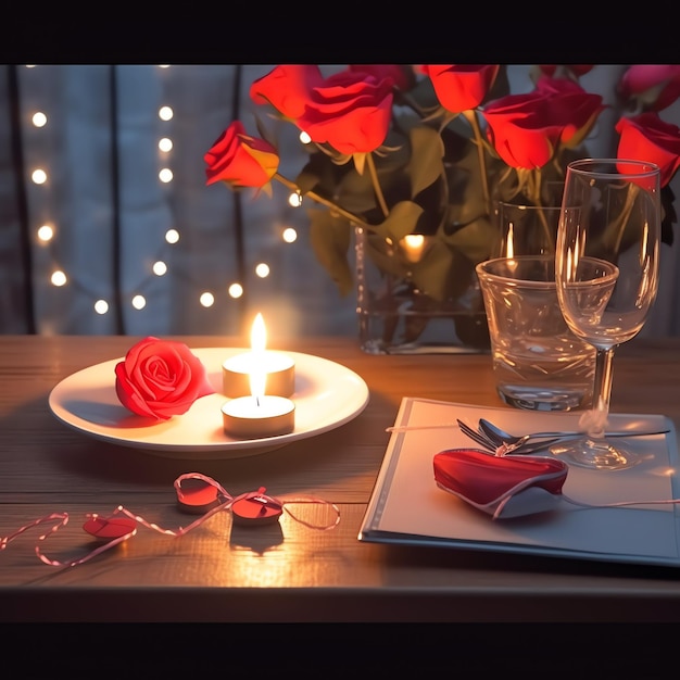 사진 로맨틱 한 저녁 식사 를 위해 장식 된 테이블 에는 두 잔 의  ⁇ 페인 과  ⁇ 은 장미 나  ⁇ 불 이 있다