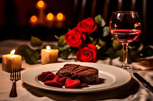 Фото Стол, украшенный для романтического ужина с двумя бокалами шампанского, букетом красных роз или свечей