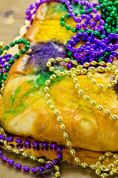 Table decorated for Mardi Gras party.