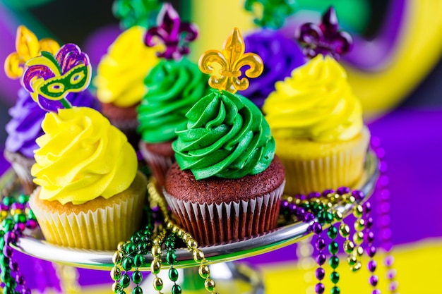 Table decorated for Mardi Gras party.