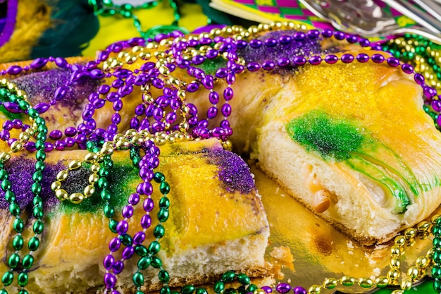 Table decorated for Mardi Gras party.