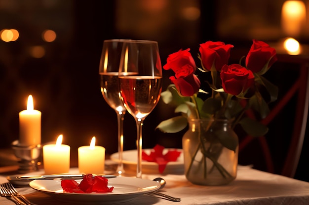 Table decorated for a romantic dinner with two champagne glasses bouquet of red roses or candle