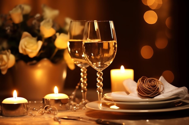 Table decorated for a romantic dinner with two champagne glasses bouquet of red roses or candle