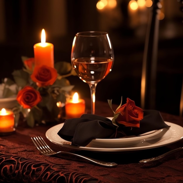 Foto tavolo decorato per una cena romantica con due bicchieri di champagne bouquet di rose rosse o candela