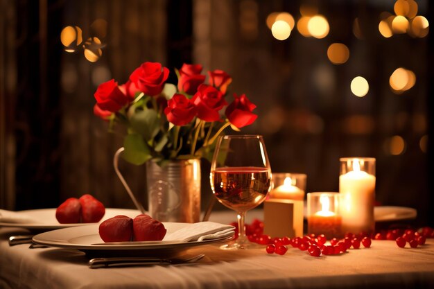 Table decorated for a romantic dinner with two champagne glasses bouquet of red roses or candle