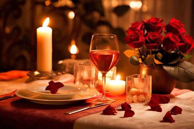 Table decorated for a romantic dinner with two champagne glasses bouquet of red roses or candle