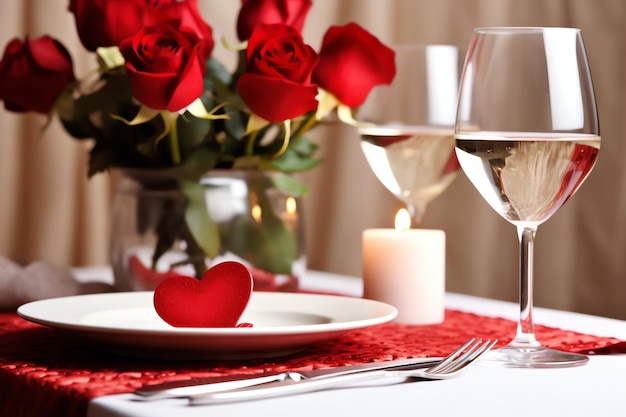 Table decorated for a romantic dinner with two champagne glasses bouquet of red roses or candle