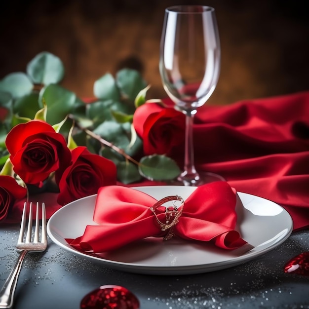 Table decorated for a romantic dinner with two champagne glasses bouquet of red roses or candle