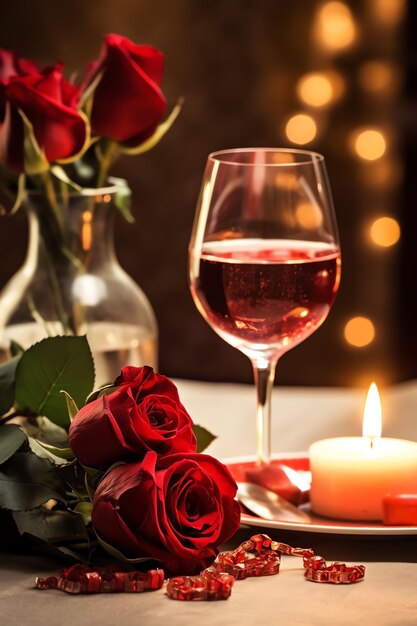 Table decorated for a romantic dinner with two champagne glasses bouquet of red roses or candle