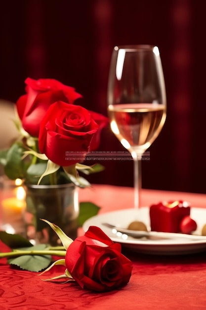 Table decorated for a romantic dinner with two champagne glasses bouquet of red roses or candle